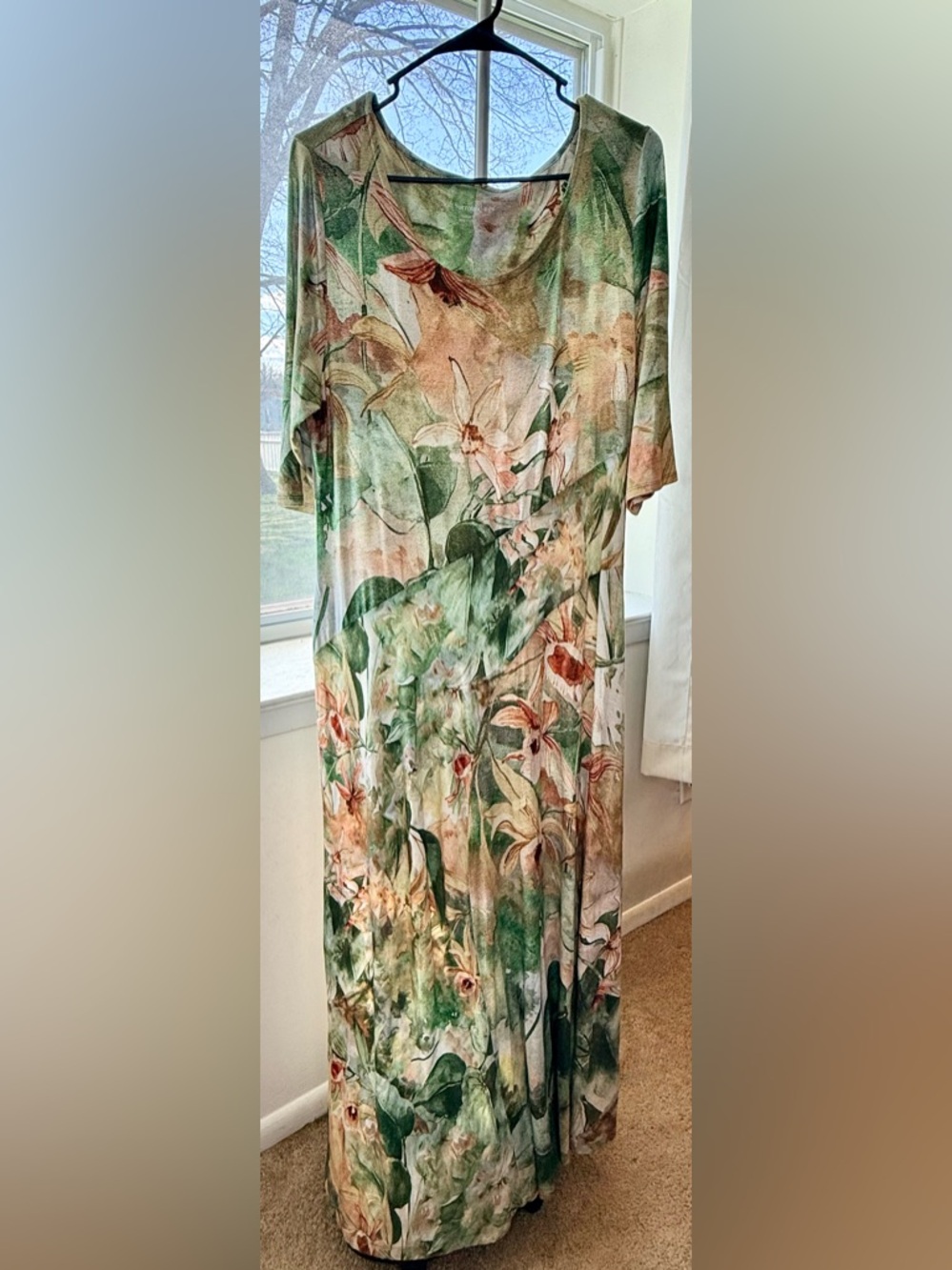 Soft Surroundings Vivienne green tropical lilies maxi dress lightweight Lrg EUC - Picture 10 of 10